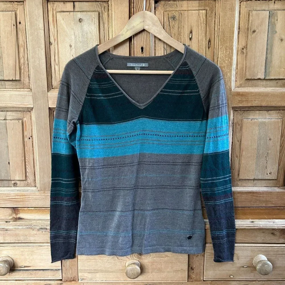 Smartwool‎ V-Neck Striped Sweater Ethno Graphic Sweater Gray Green Womens Small